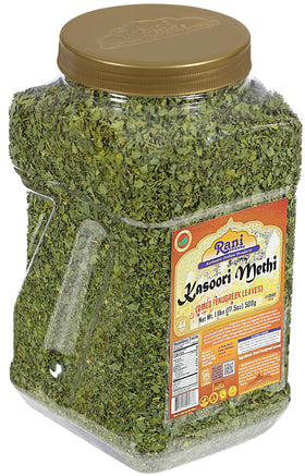 Spice rack featuring Rani Kasoori Methi as a pantry staple for Indian dishes.