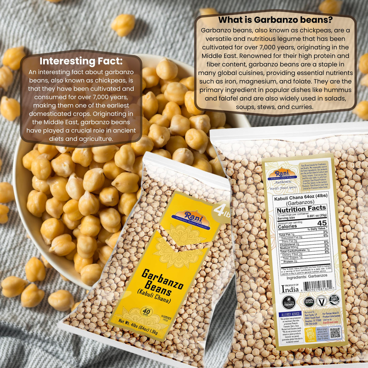 Rani Garbanzo Beans sealed bulk bag preserving freshness.