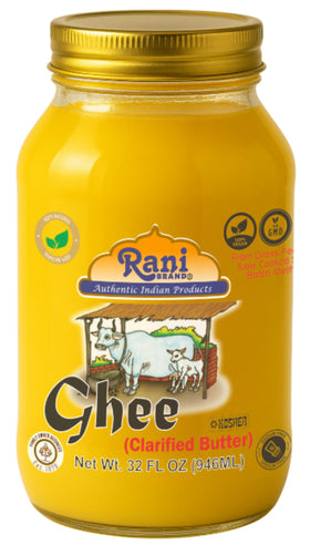Rani Ghee in a glass jar pouring, ideal for high-heat cooking.