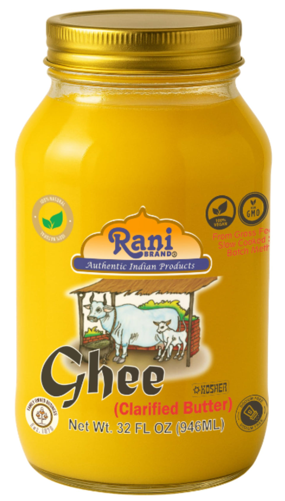 Rani Ghee in a glass jar pouring, ideal for high-heat cooking.
