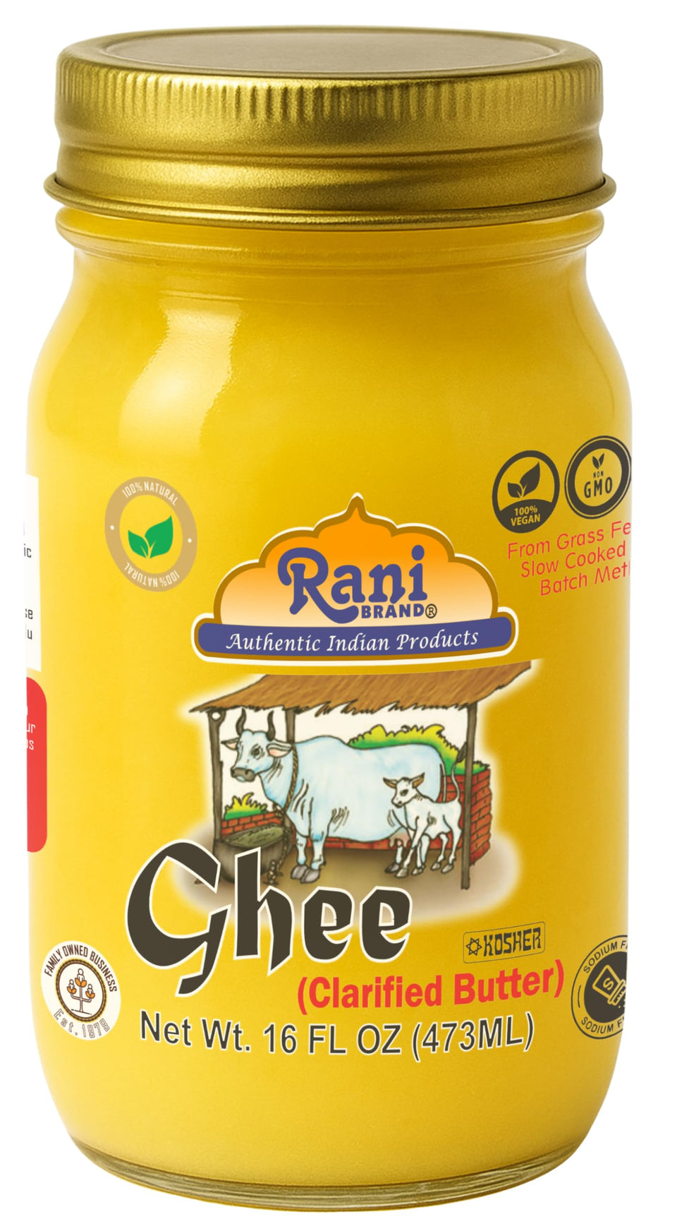 Rani Ghee glass jar showing pure clarified butter, ideal for high-heat cooking
