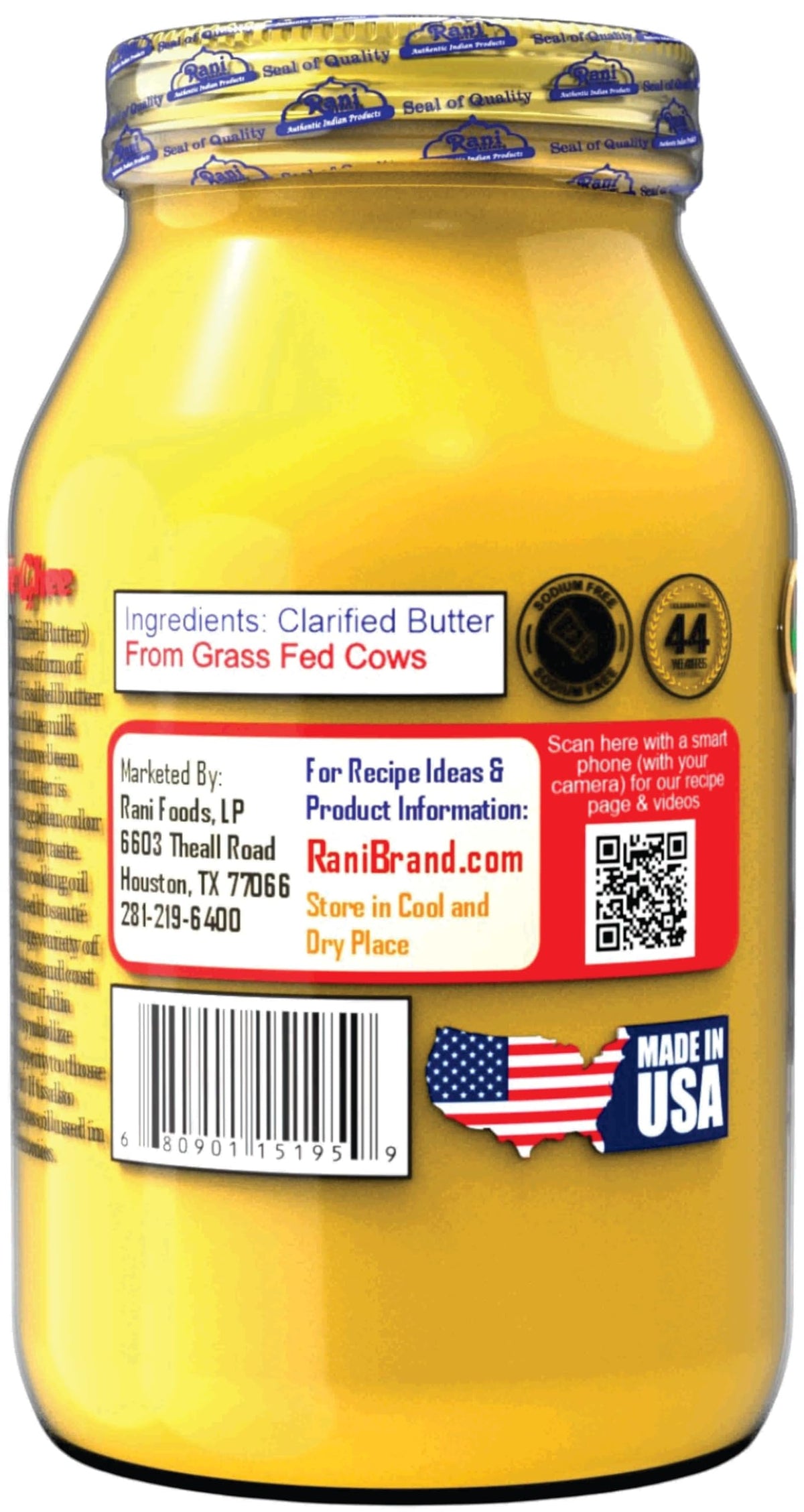 Rani Ghee produced in the USA, reflecting small-batch care.