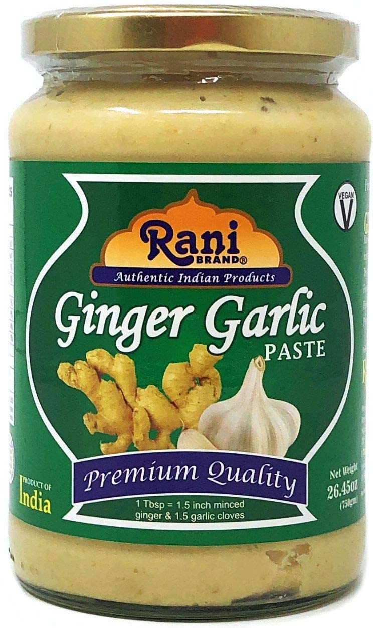 Rani Ginger Garlic Paste in a glass jar for quick weeknight meals.