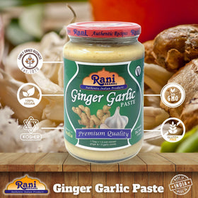 Fresh ginger and garlic beside Rani paste for authentic flavor.