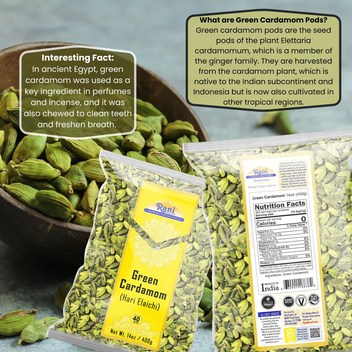 Rani green cardamom pods in kitchen, perfect for curries and desserts.