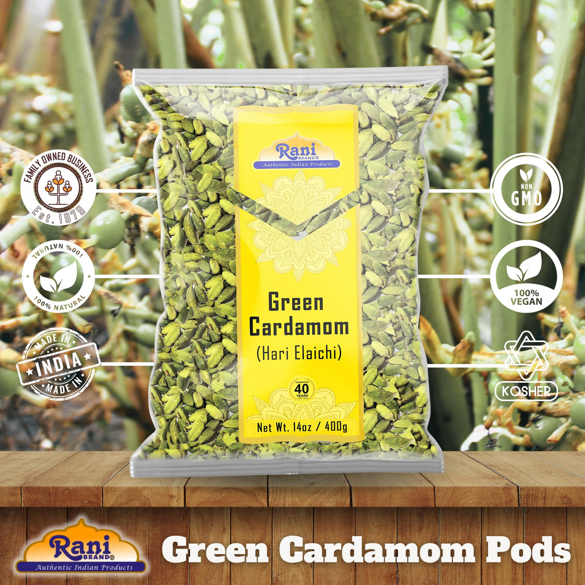 Rani green cardamom pods on spice shelf, convenient pantry staple.