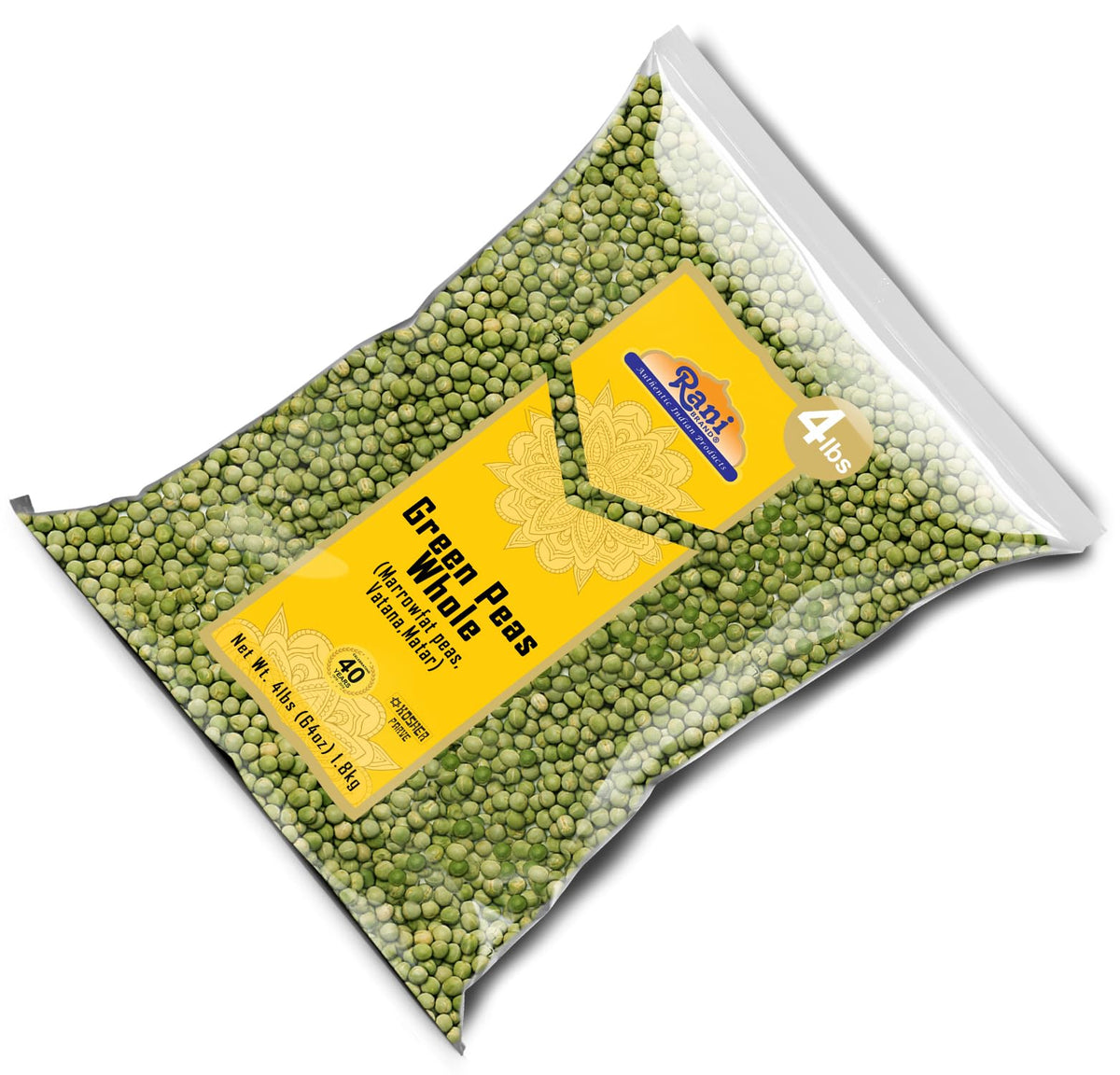 Rani green peas packaging label from USA, trusted origin and quality.