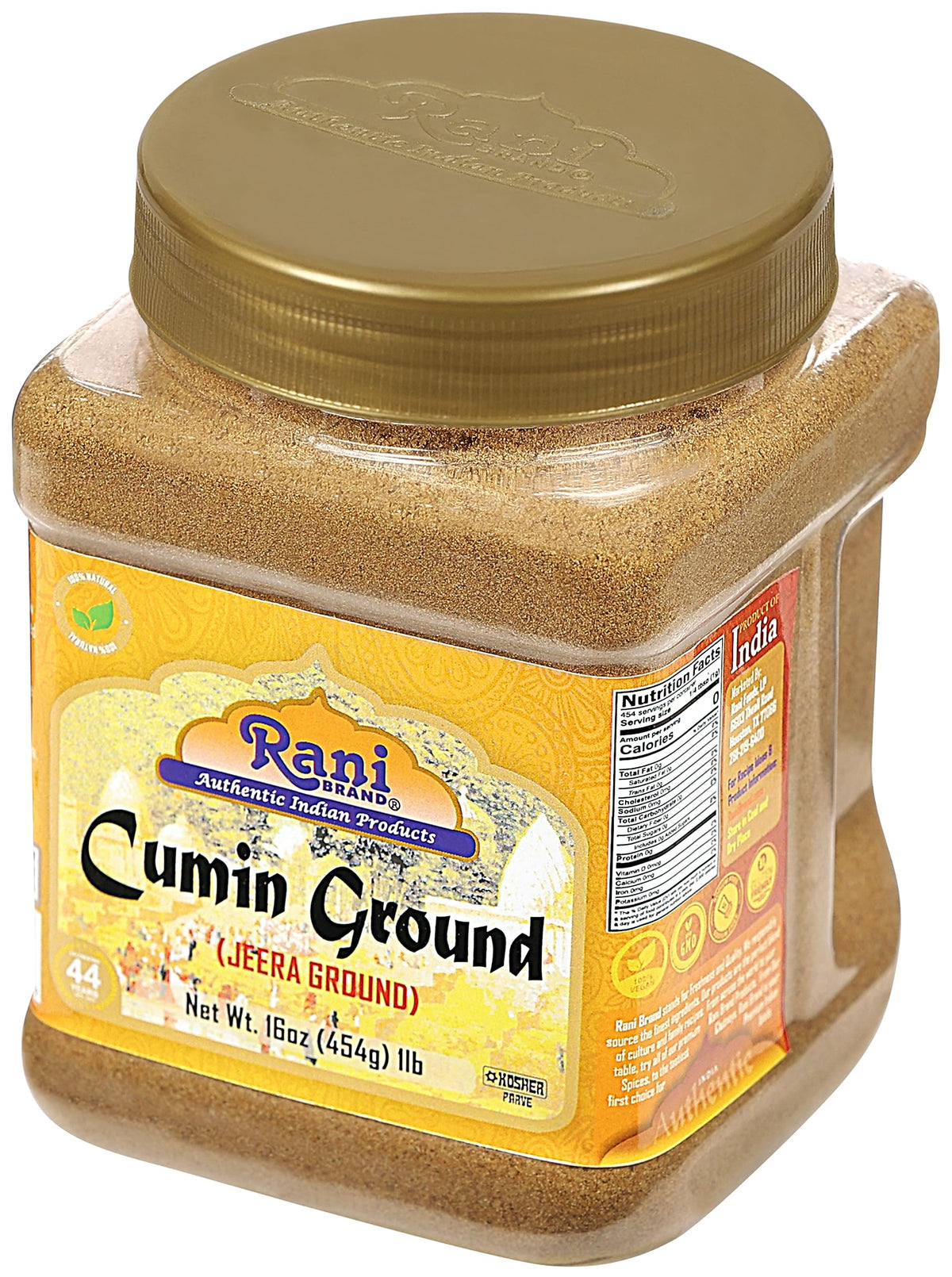Rani Jeera powder ingredients indicate Non-GMO, gluten-friendly qualities.