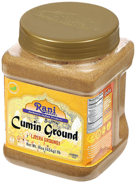 Rani Jeera powder ingredients indicate Non-GMO, gluten-friendly qualities.