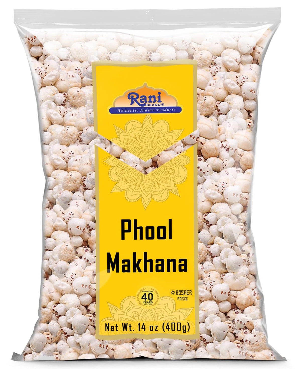 Rani jumbo phool makhana packaging highlights a 14oz bag for easy pantry storage.