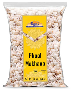 Rani jumbo phool makhana packaging highlights a 14oz bag for easy pantry storage.