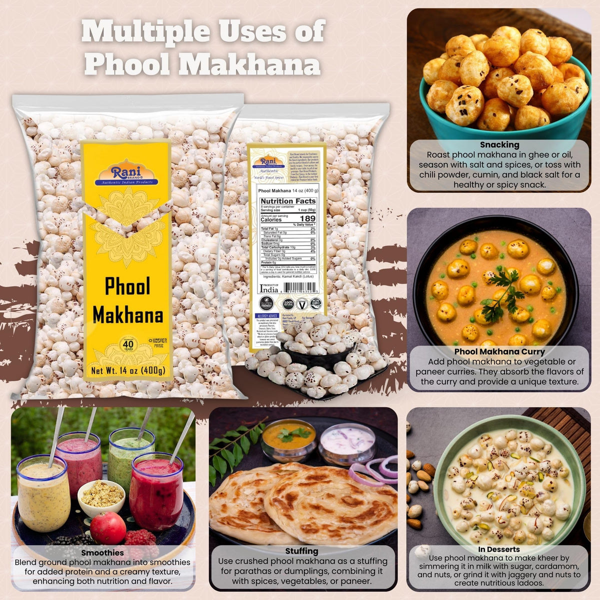 Rani jumbo phool makhana raw seeds close-up reveals natural beige texture.