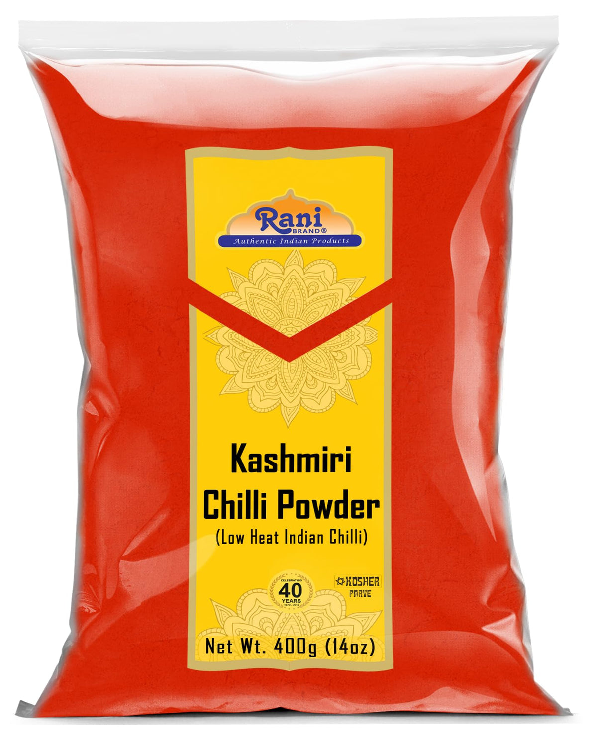 Rani Kashmiri Chilli Powder bottle close-up showing vibrant color for curries