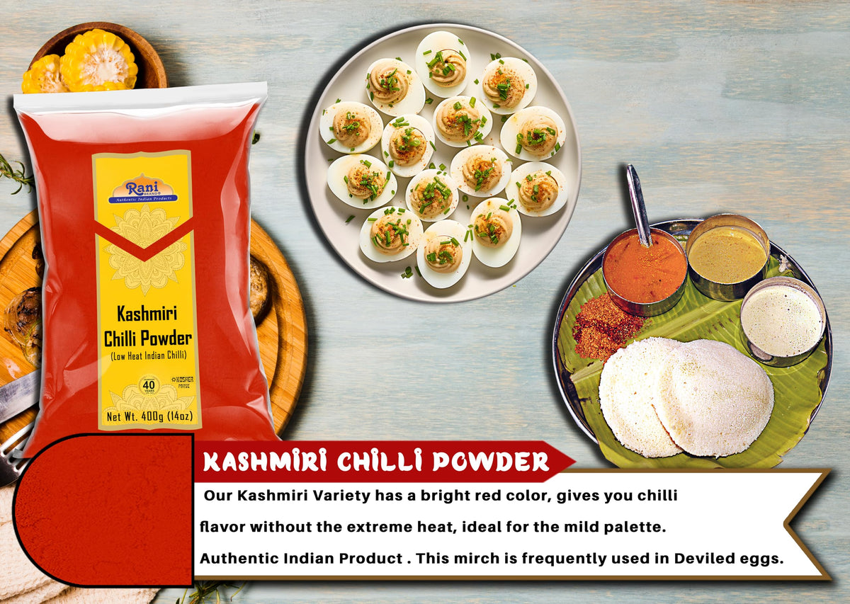 Rani Kashmiri Chilli Powder in a spoon showing rich color and aroma