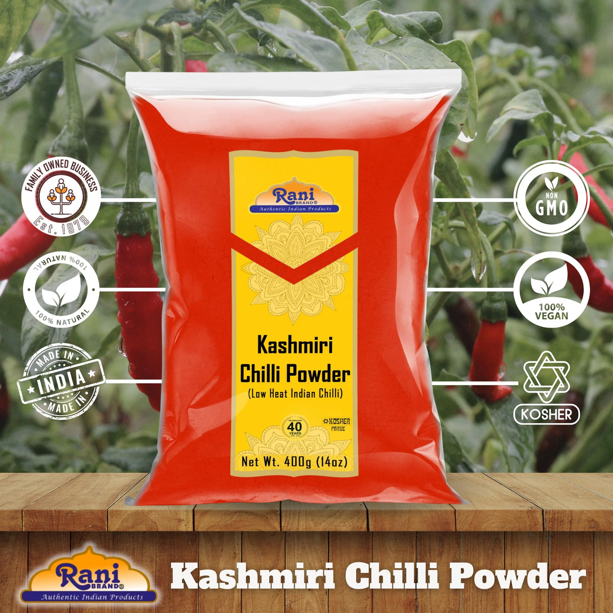 Rani Kashmiri Chilli Powder packaging highlighting 14oz size and Kosher label