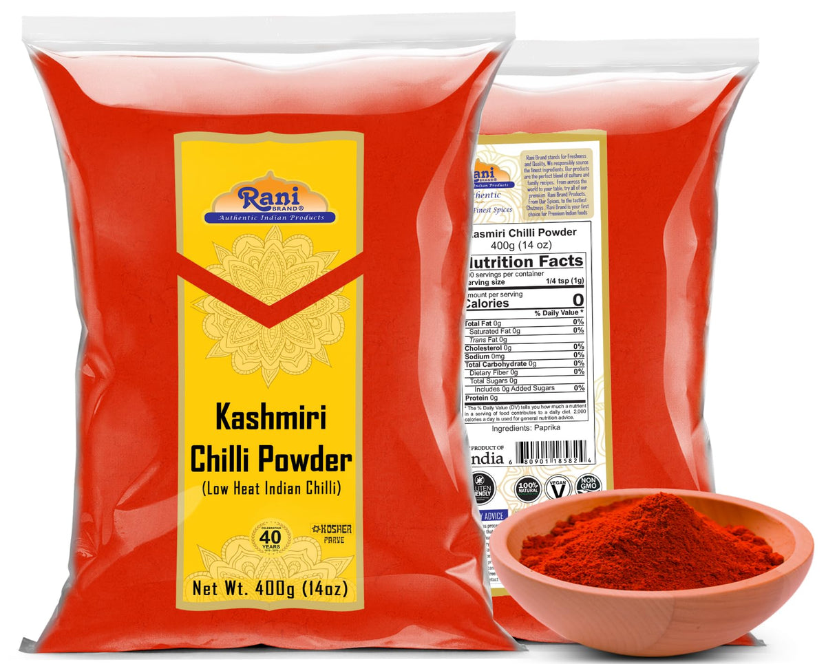 Rani Kashmiri Chilli Powder product of India label on jar for authentic cooking