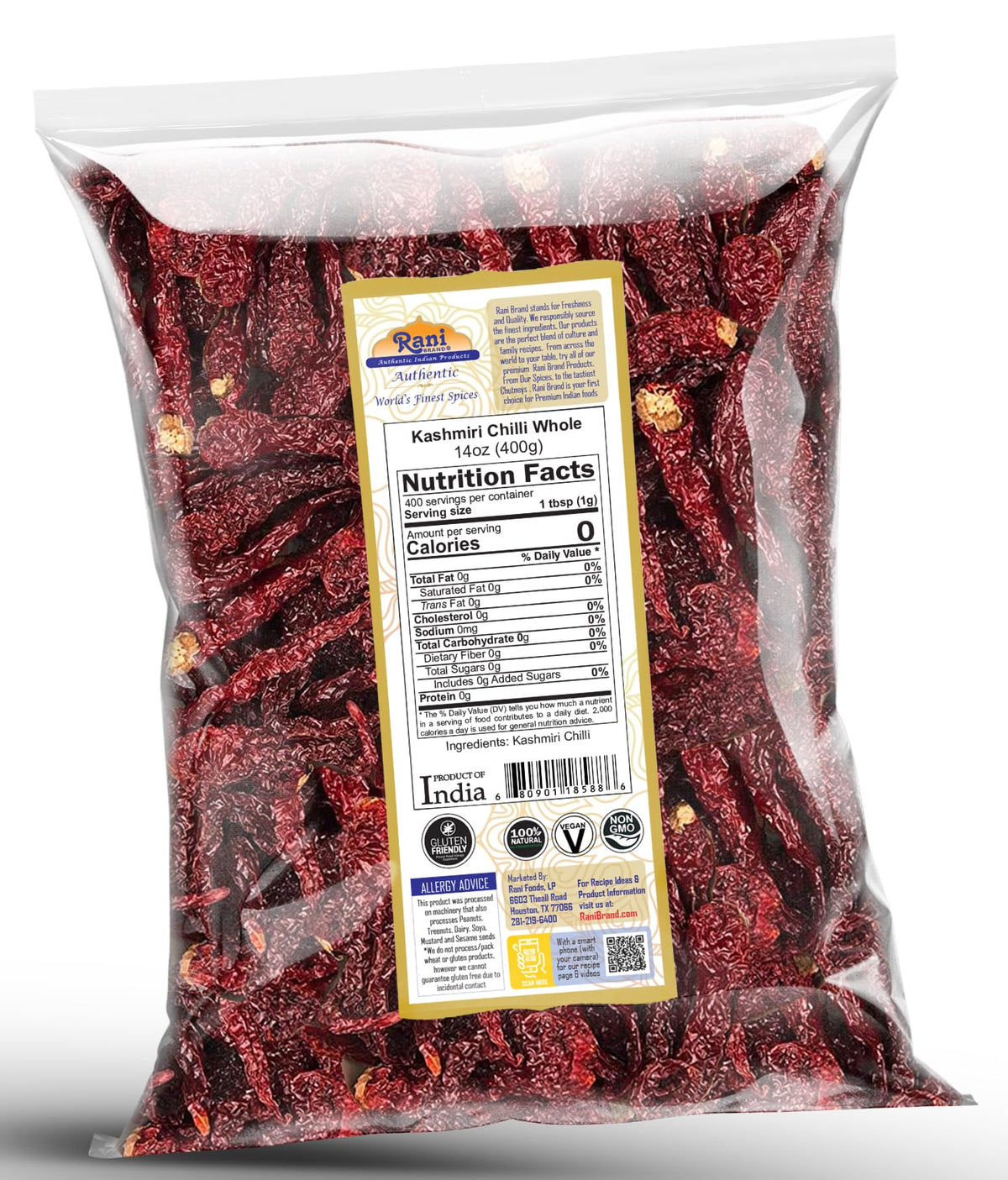 Rani Kashmiri Chilli Whole 14oz label indicating generous spice supply.