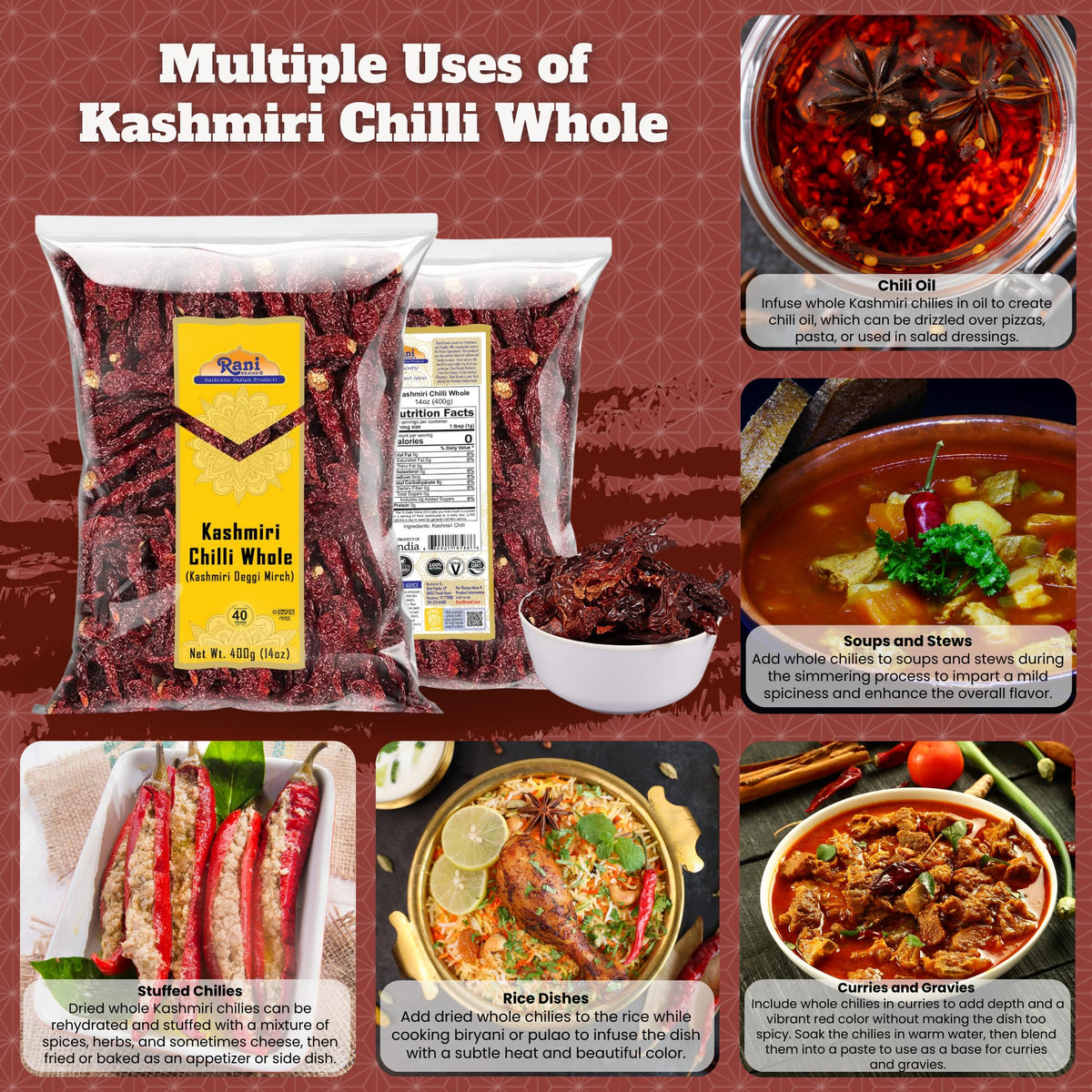 Rani Kashmiri Chilli Whole color close-up shows vibrant red and mild heat benefits.