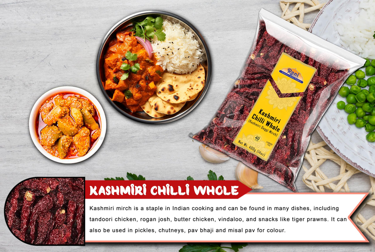 Rani Kashmiri Chilli Whole ready for curry prep to enrich color and depth.