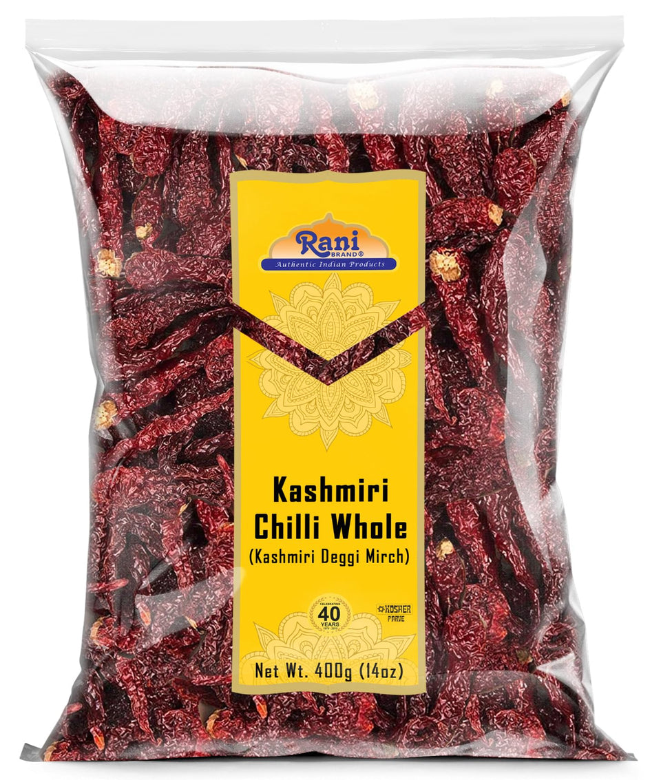 Rani Kashmiri Chilli Whole packaging highlights premium quality for cooking.