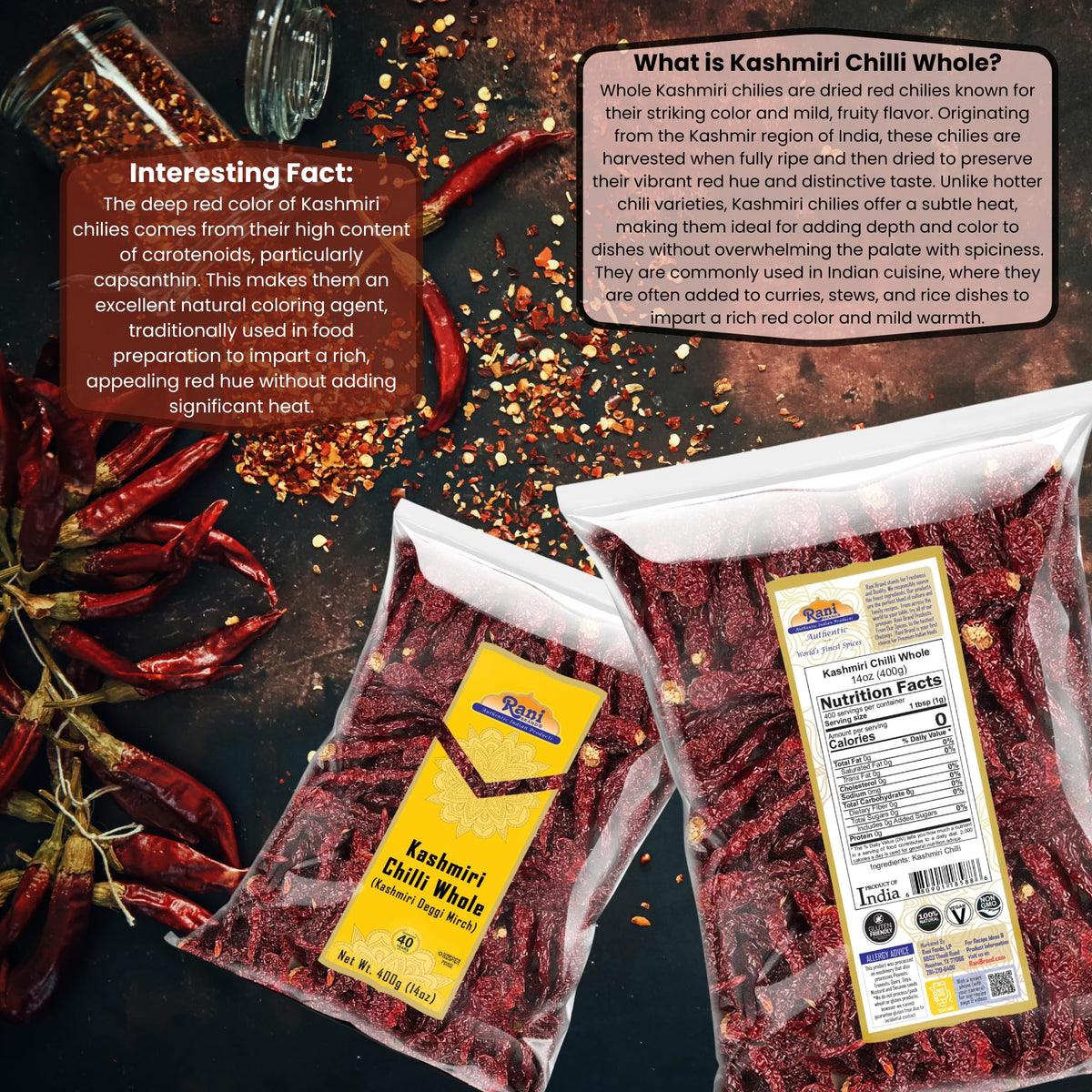 Rani Kashmiri Chilli Whole bag detail emphasizes salt-free and vegan attributes.