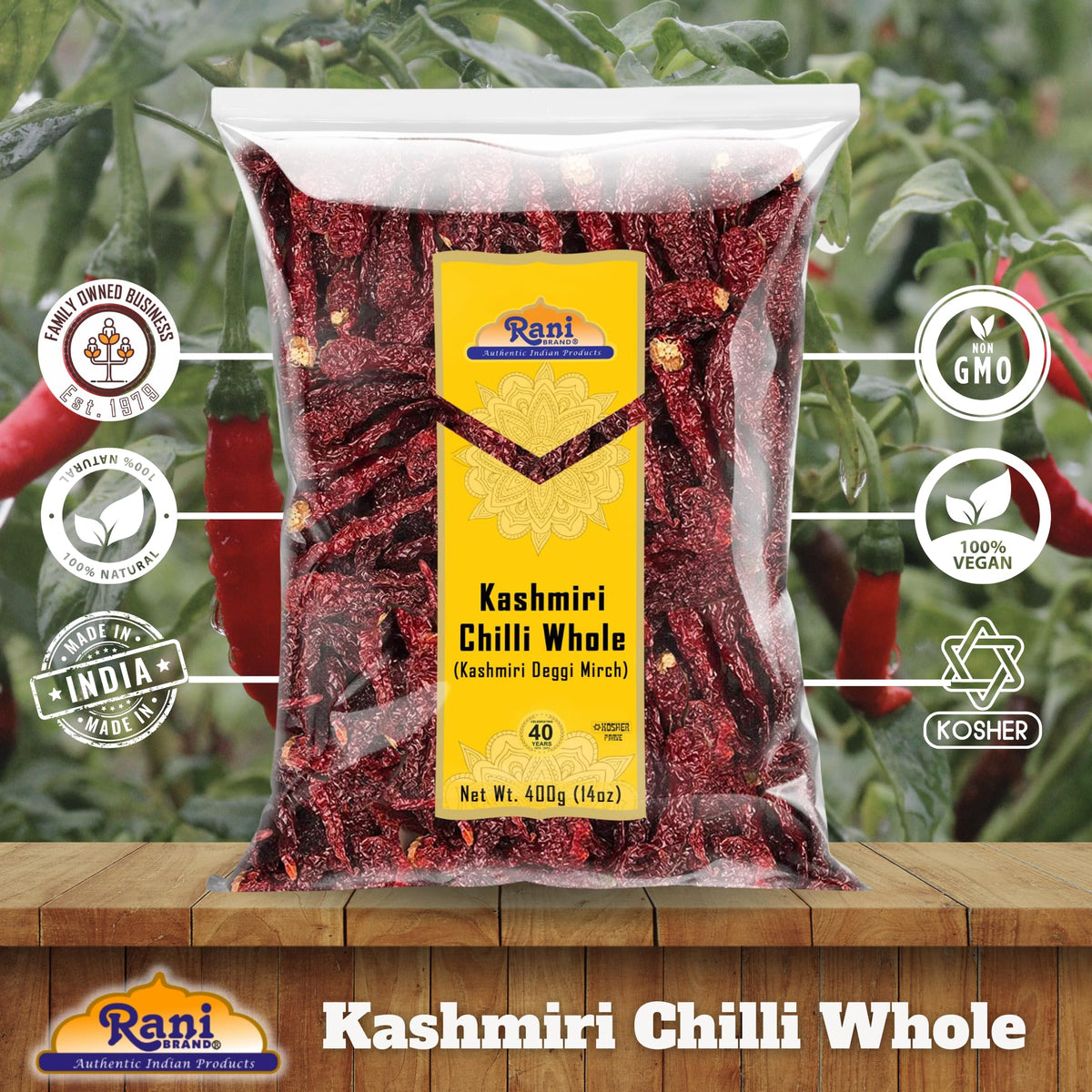 Rani Kashmiri Chilli Whole plastic bag packaging for easy kitchen storage.