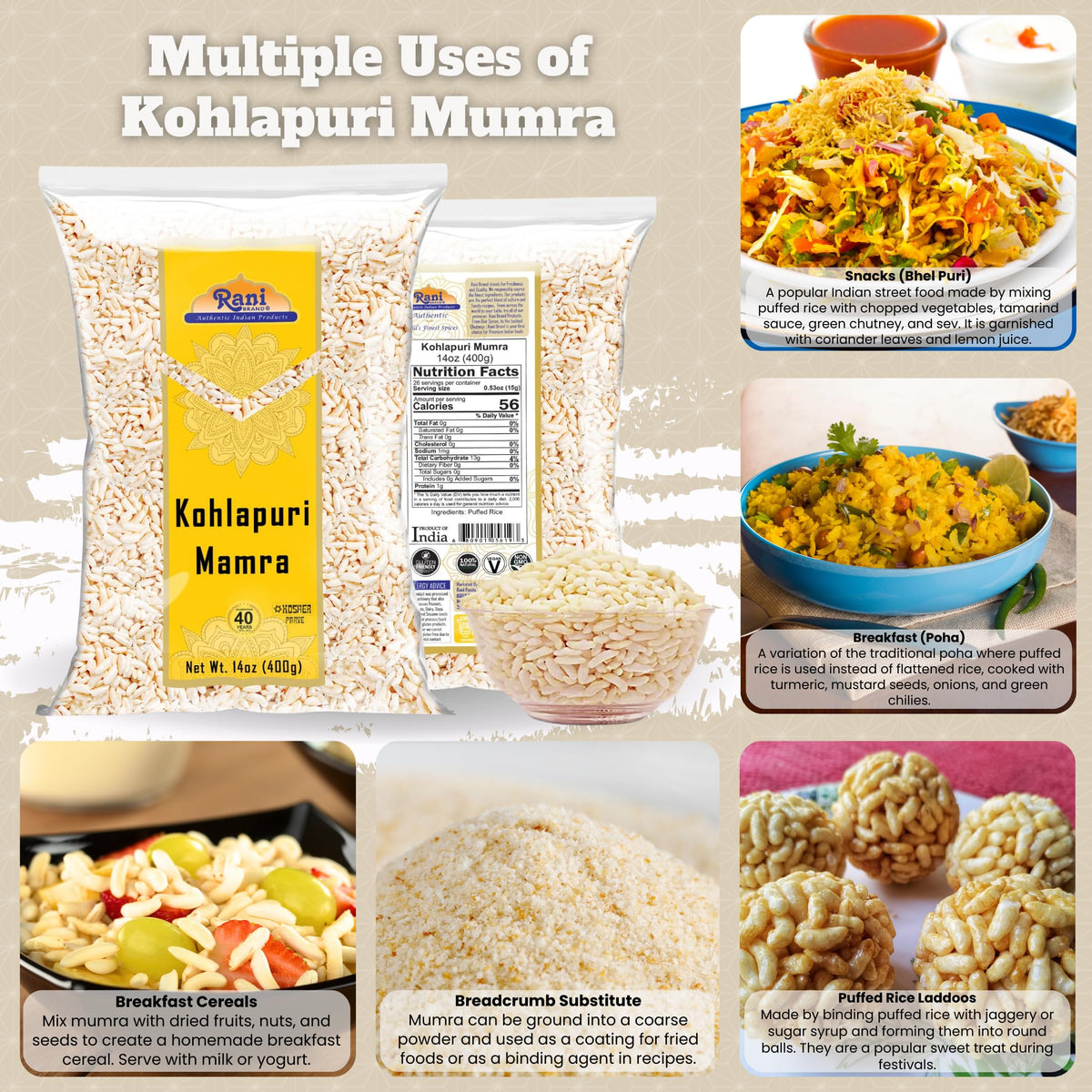Rani Kohlapuri Mumra 14oz bag on the counter, gluten-friendly staple.