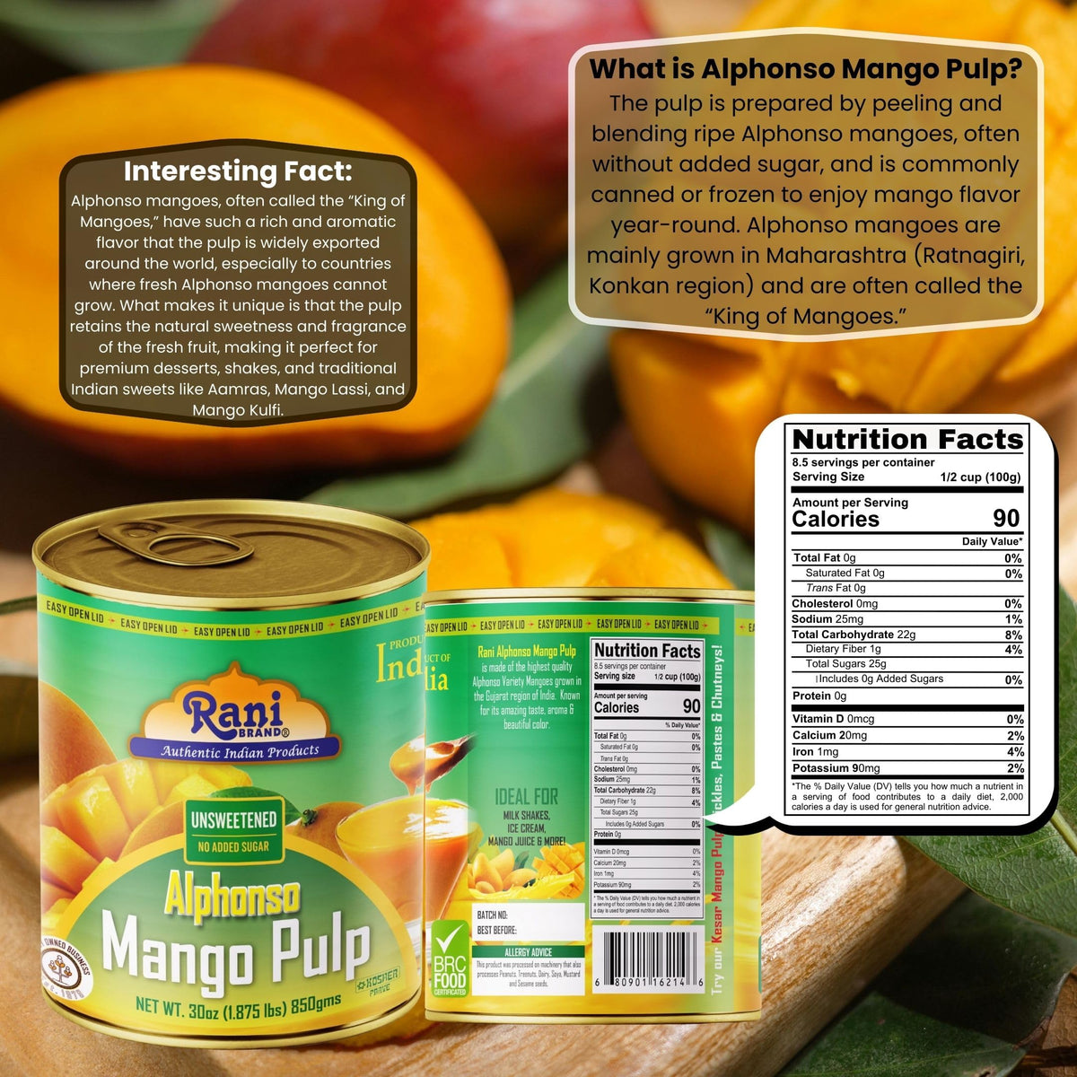 Rani Alphonso puree can on kitchen counter ready for smoothies