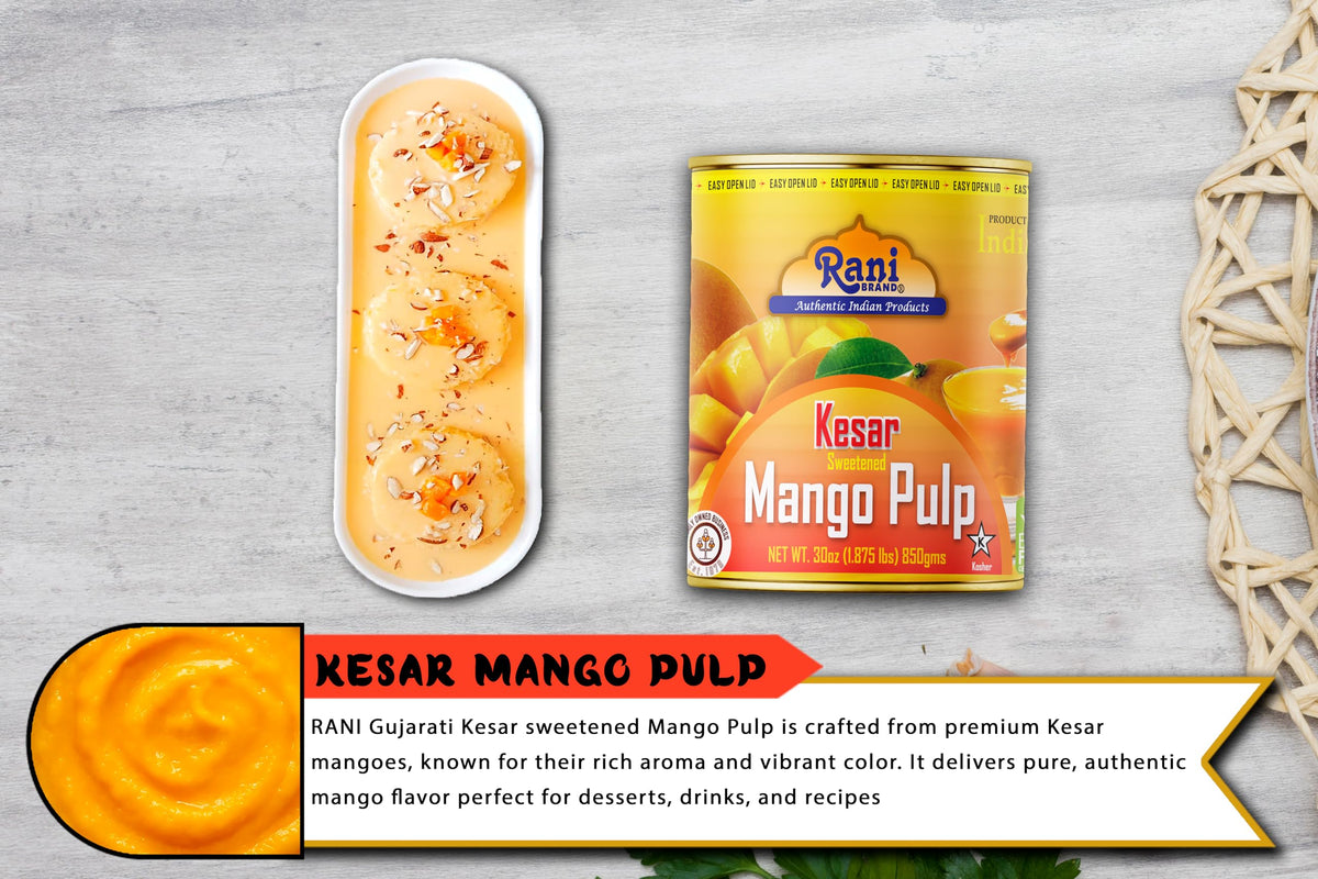 Rani Mango Pulp Puree next to fresh fruit for comparison