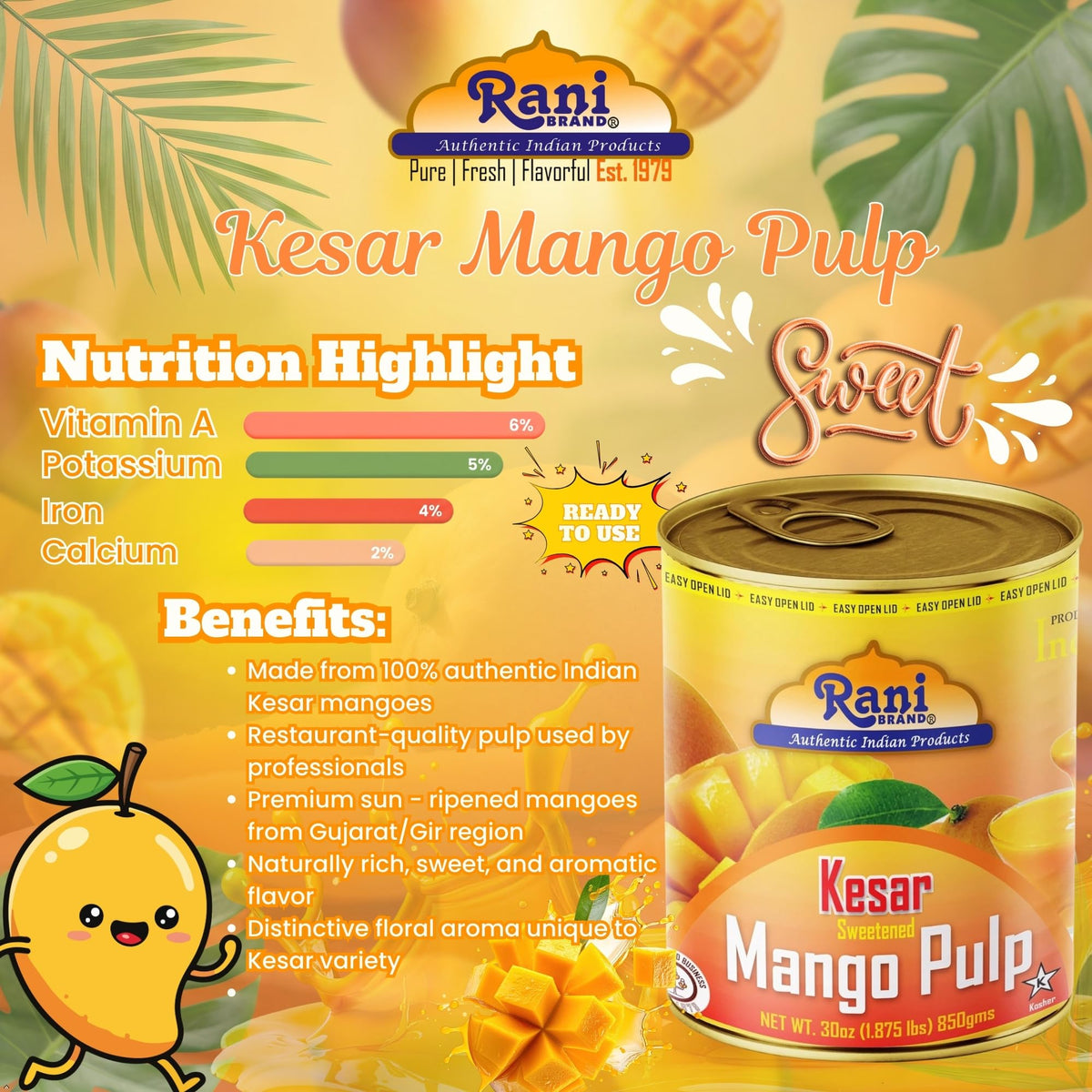 Rani Mango Pulp Puree on a kitchen counter ready to use