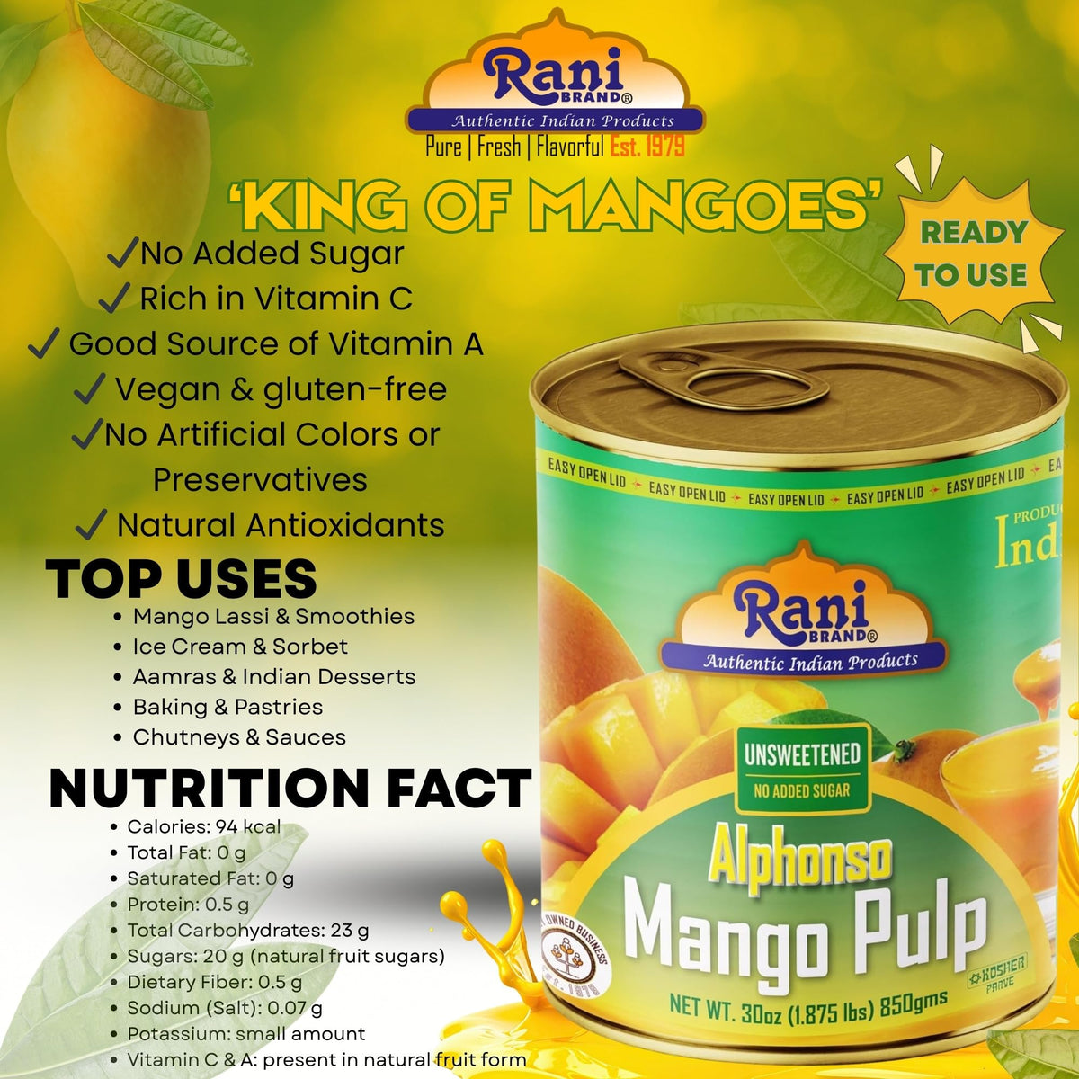 Rani mango puree includes no preservatives or colors—simple pantry staple