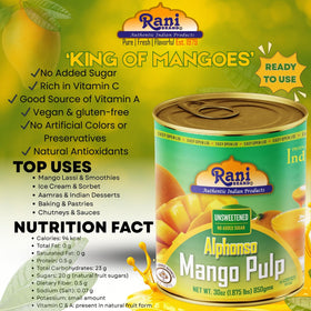 Rani mango puree includes no preservatives or colors—simple pantry staple