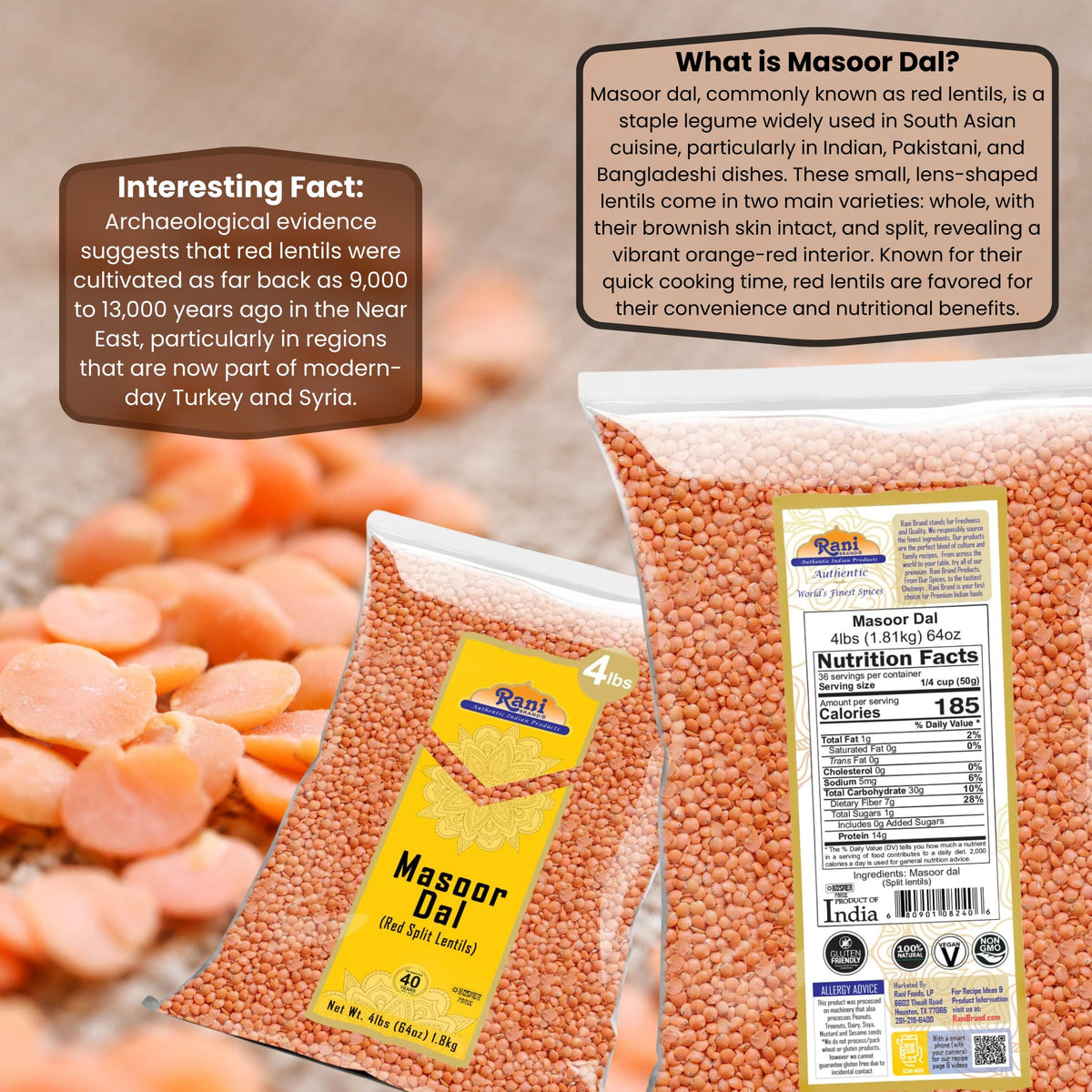 Rani Masoor Dal Kosher label highlighting purity and compliance.