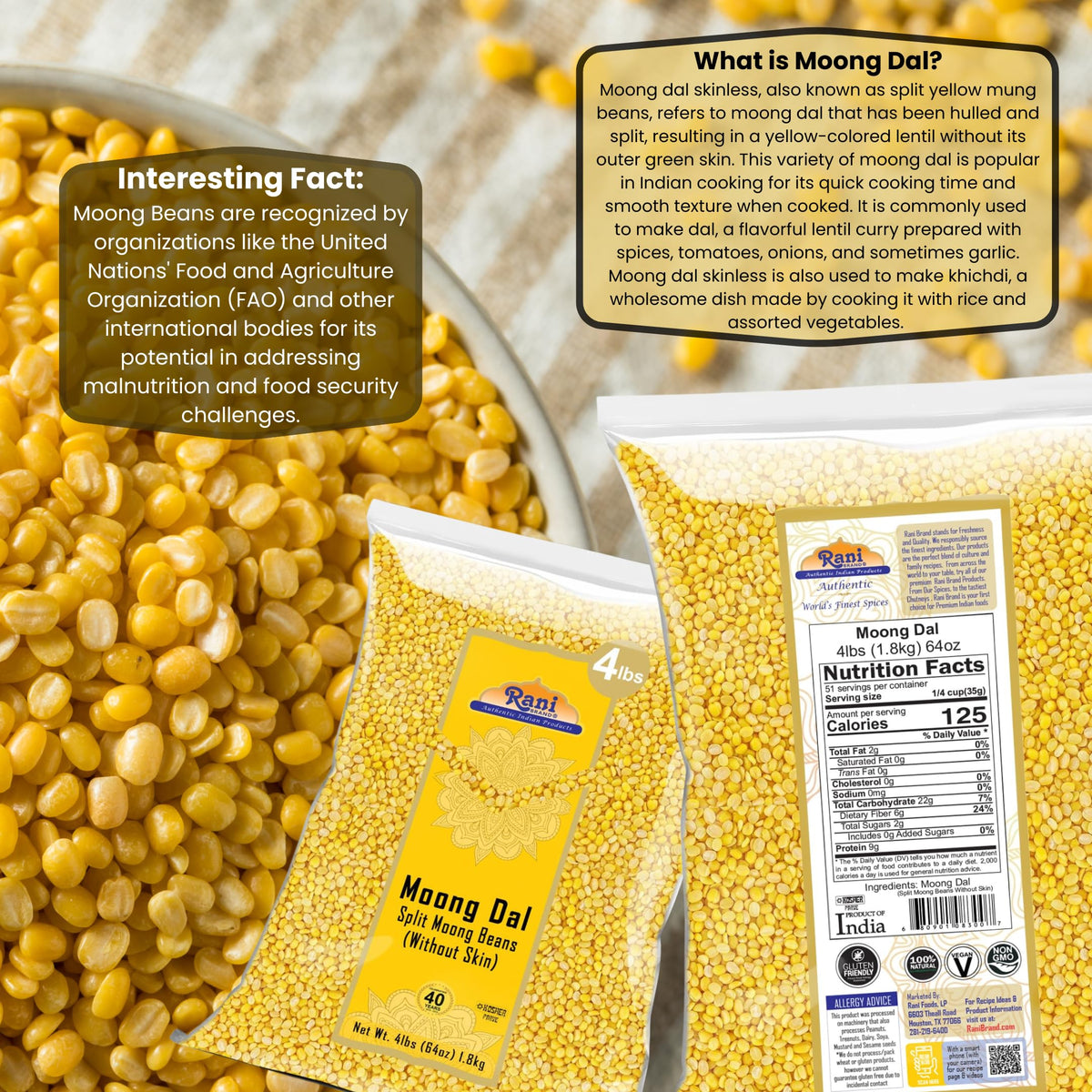 Full bag of Rani Moong Dal on a shelf highlighting authentic Indian origin.