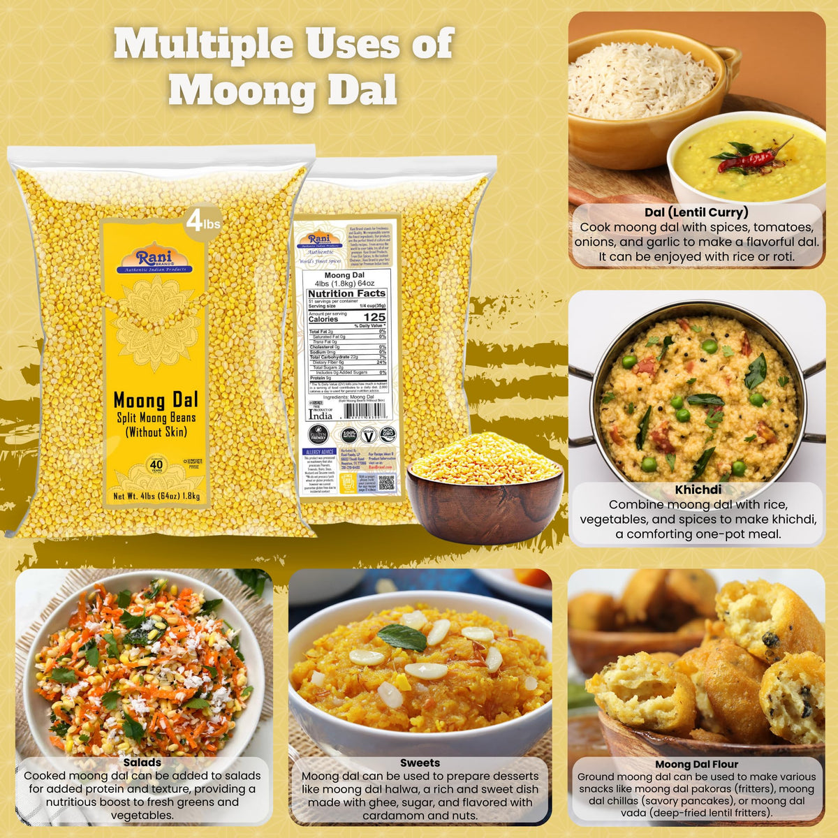 Close-up of yellow split mung beans for quick, digestible pulses.