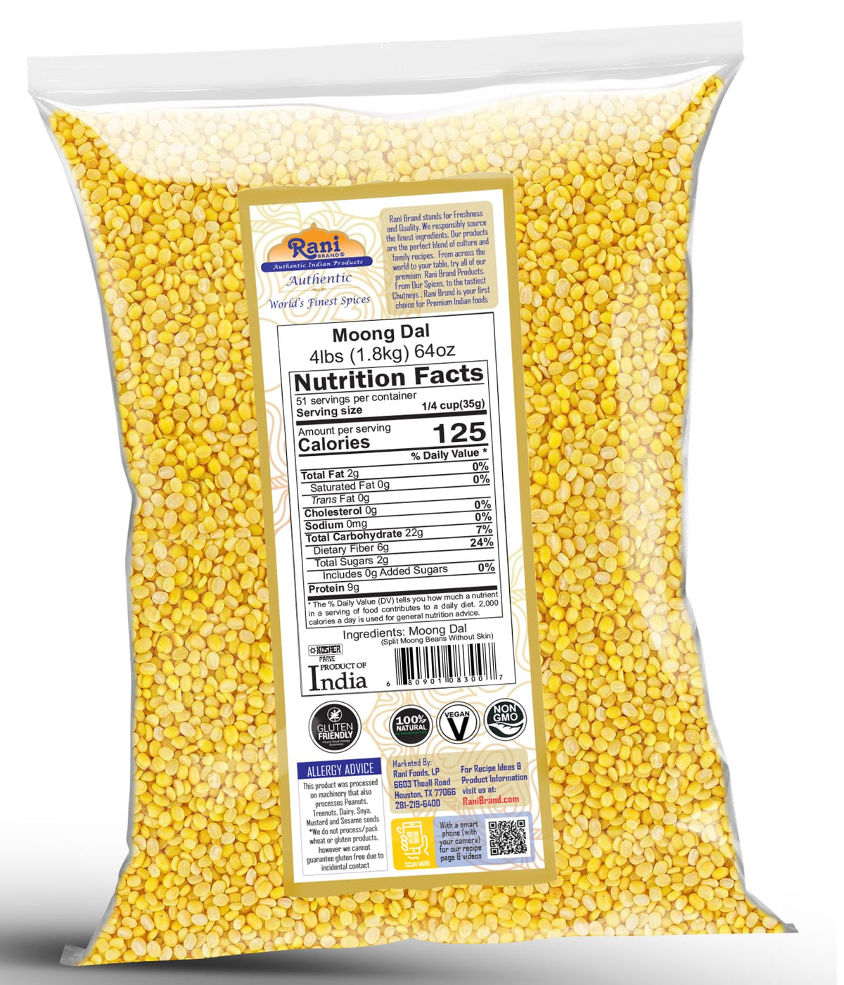 Vegan-friendly Moong Dal from Rani Brand suitable for plant-based meals.