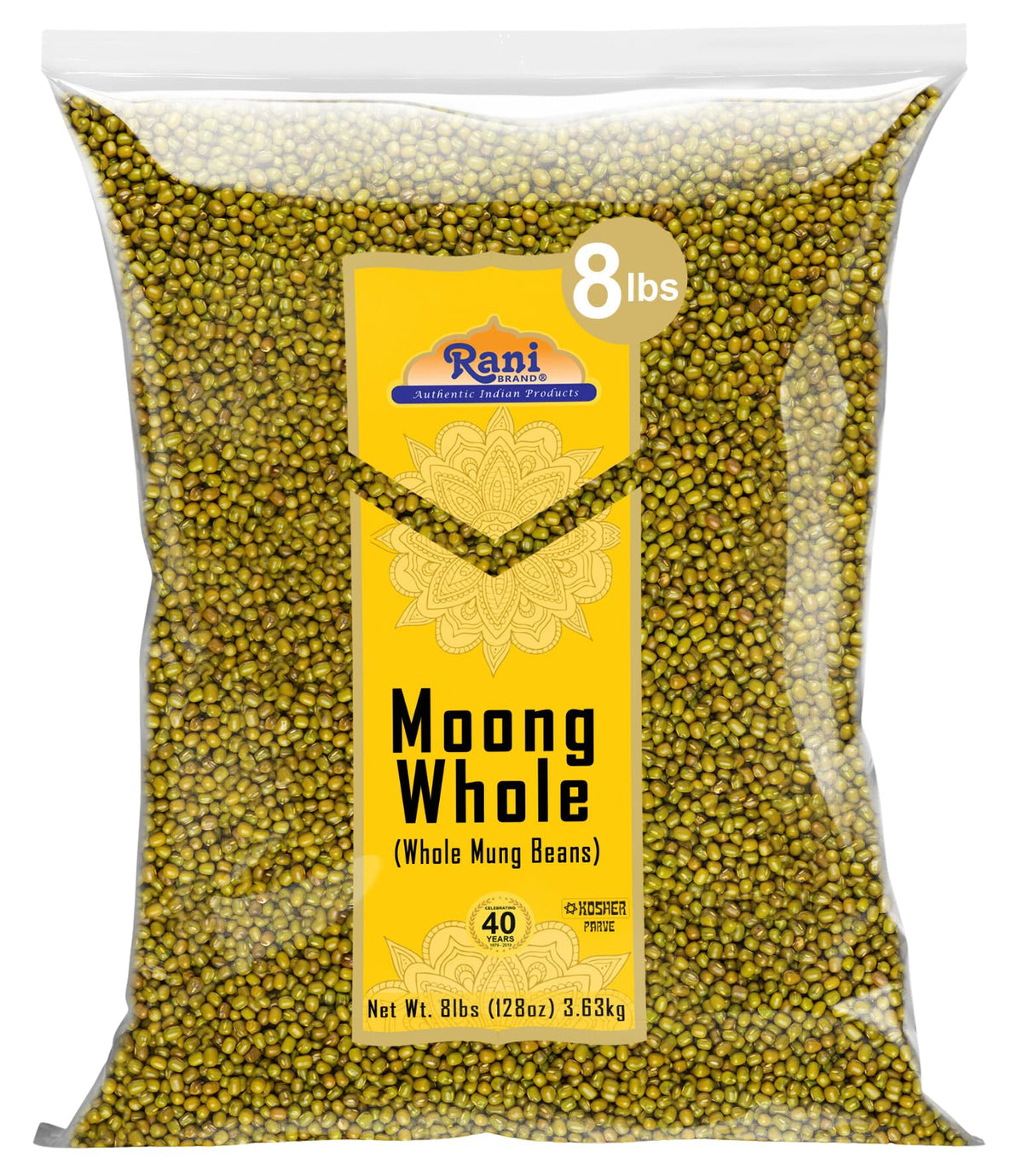 Rani Moong Whole bag front showing 8 lb bulk packaging for pantry storage and bulk cooking.