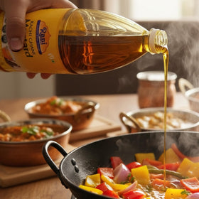 Rani Brand mustard oil applied to hair roots and ends for conditioning.