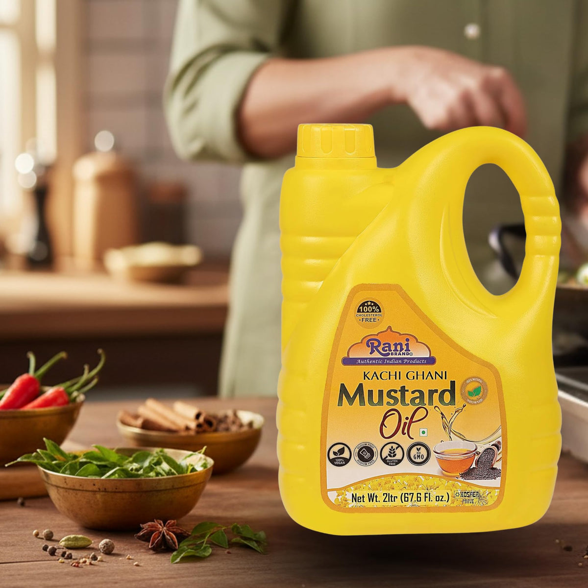 Rani Mustard Oil hair-care shot on strands implies deep conditioning