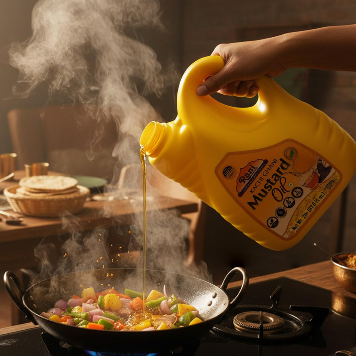 Rani Mustard Oil ingredients close-up confirms natural non-GMO formula