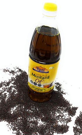 Kosher-certified Rani Brand mustard oil label is visible.