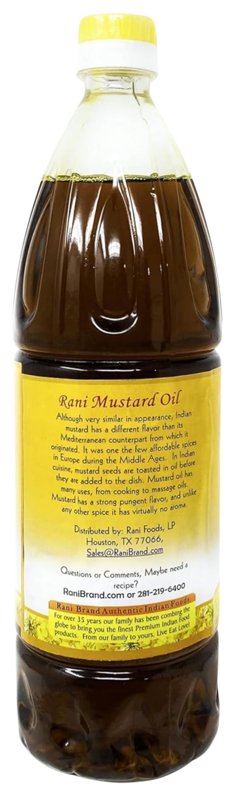 Vegan-friendly Rani Brand mustard oil label on bottle.