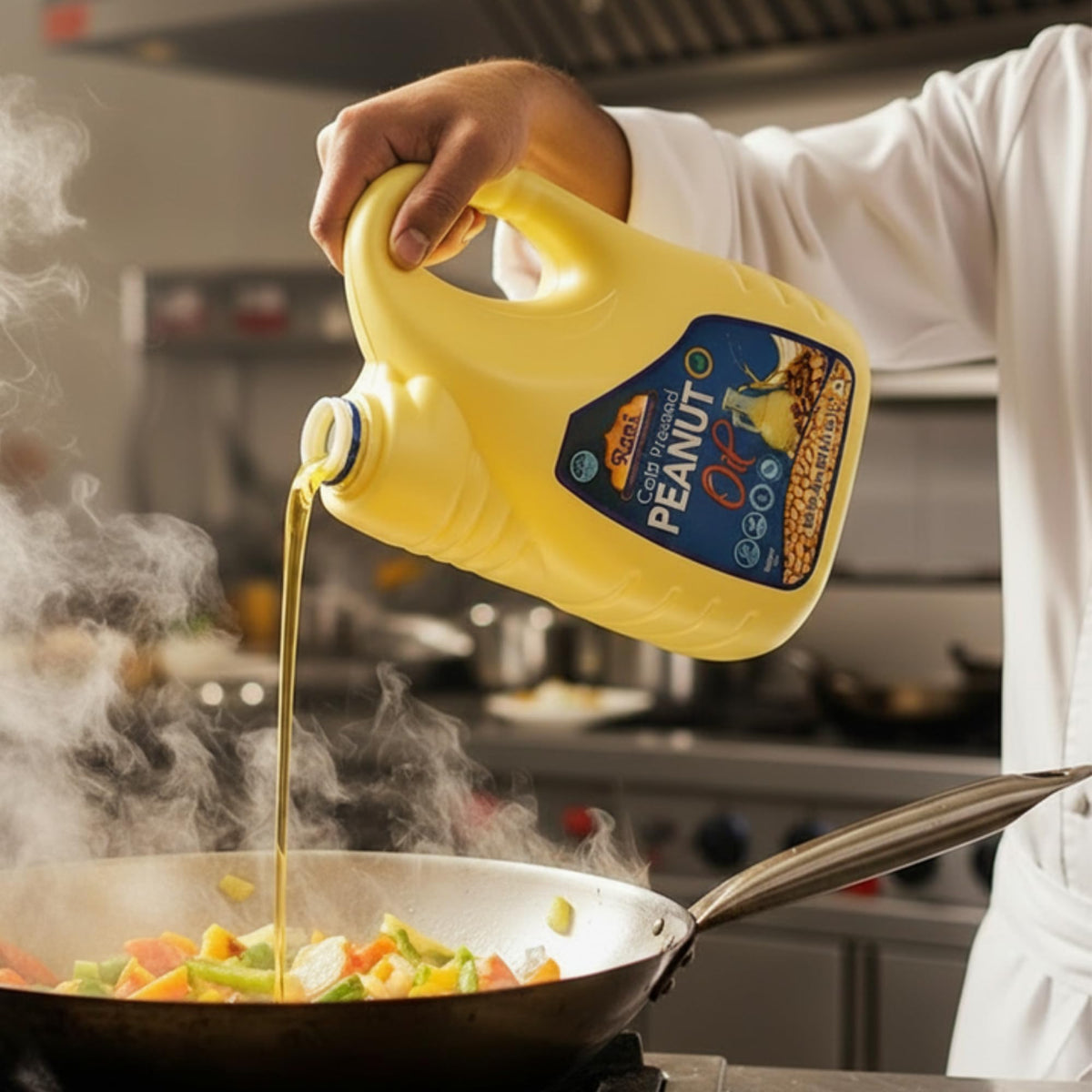 Rani Peanut Oil golden liquid close-up, for crispy, moist deep-fried foods.