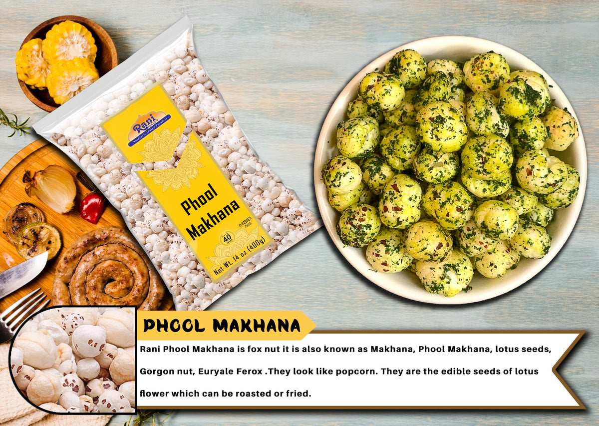 Rani phool makhana Indian origin label emphasizes traditional cultivation.
