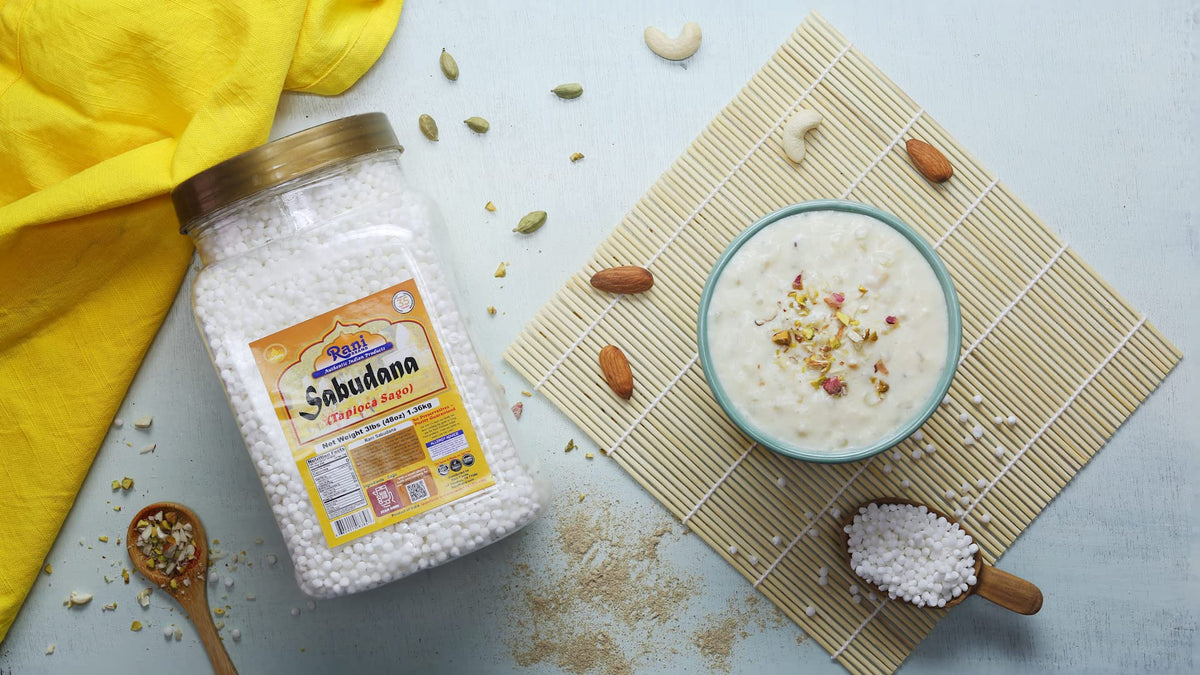 Rani Sabudana label close-up shows premium non-GMO sago quality