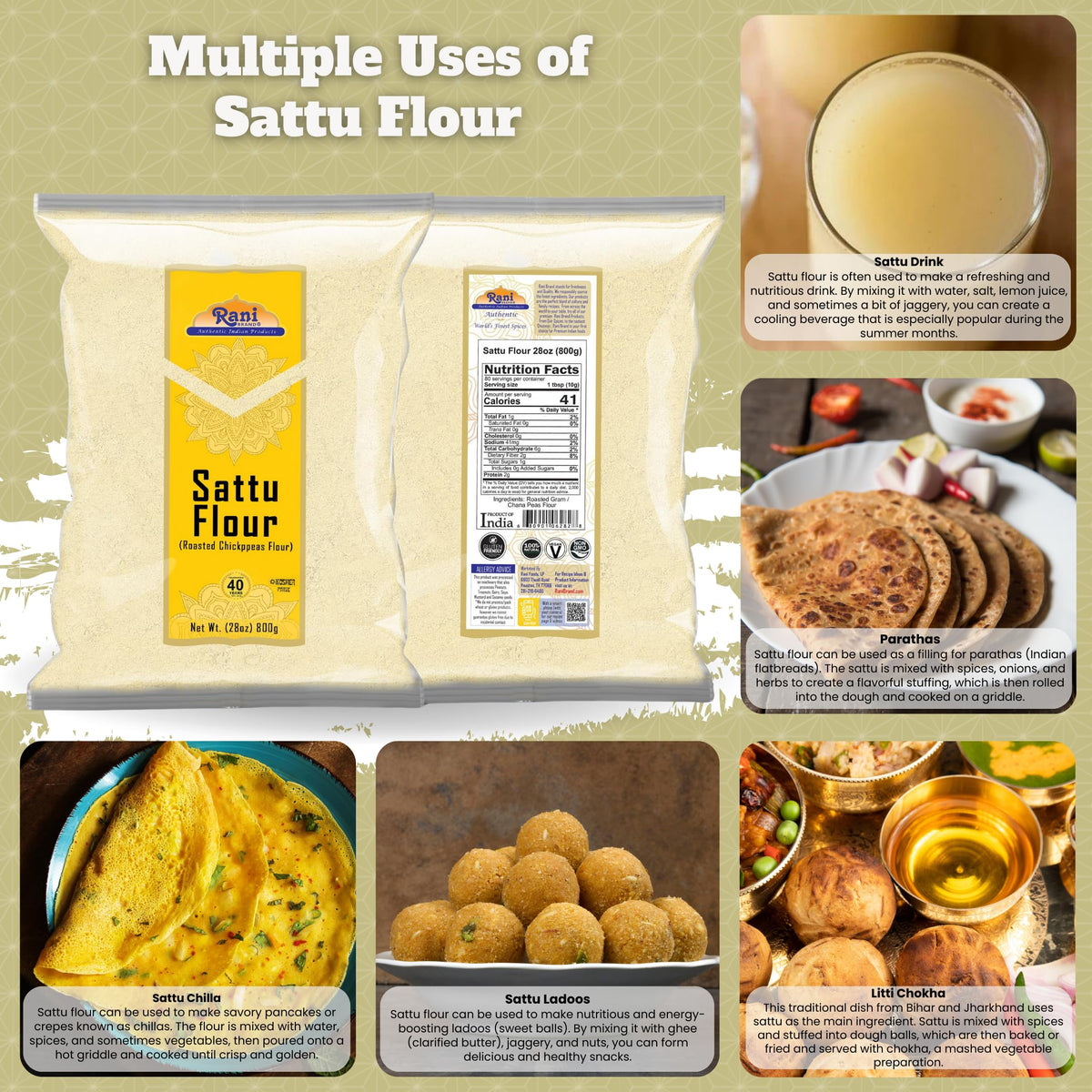 Rani Sattu flour scoop on countertop, easy portioning for quick snacks