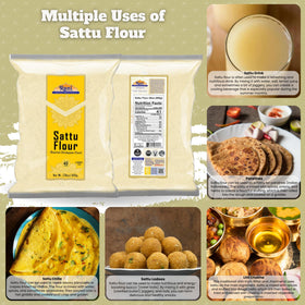 Rani Sattu flour scoop on countertop, easy portioning for quick snacks