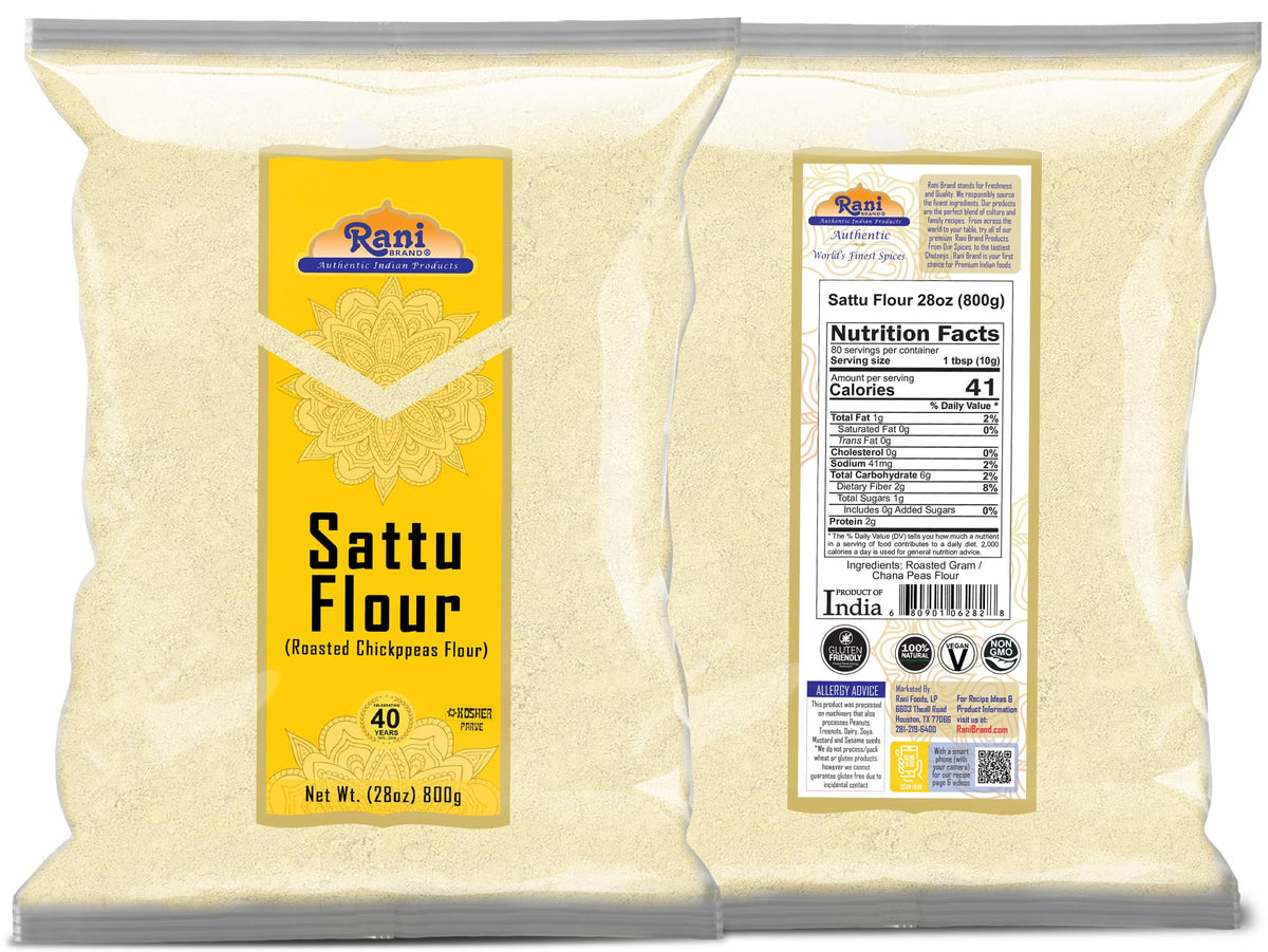 Rani Sattu nutrition label close-up, highlighting non-GMO and kosher notes