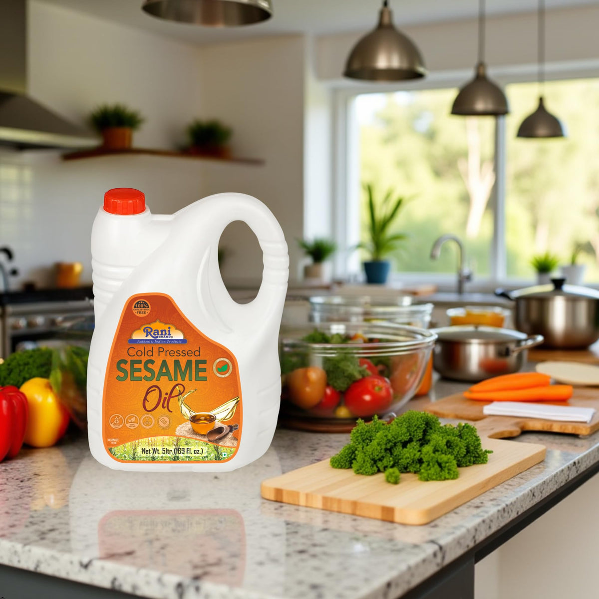 Rani sesame oil drizzled over finished dish for depth of flavor
