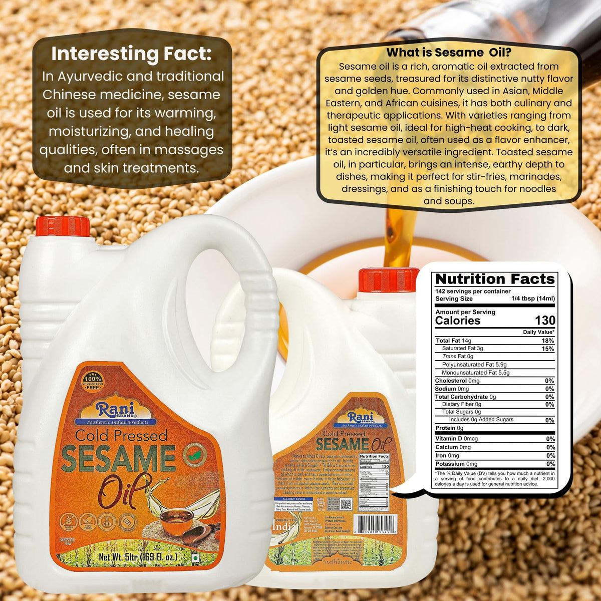 Rani sesame oil in pan for sautéing and high-heat cooking
